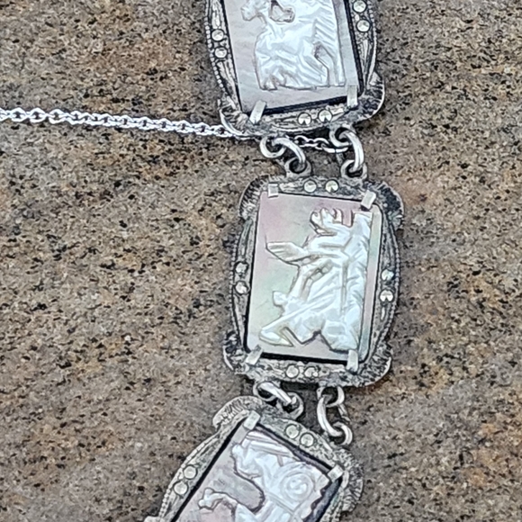 Antique Art Deco Mother Of Pearl Cameo Sterling Silver  Bracelet Marcasite - Picture 5 of 10